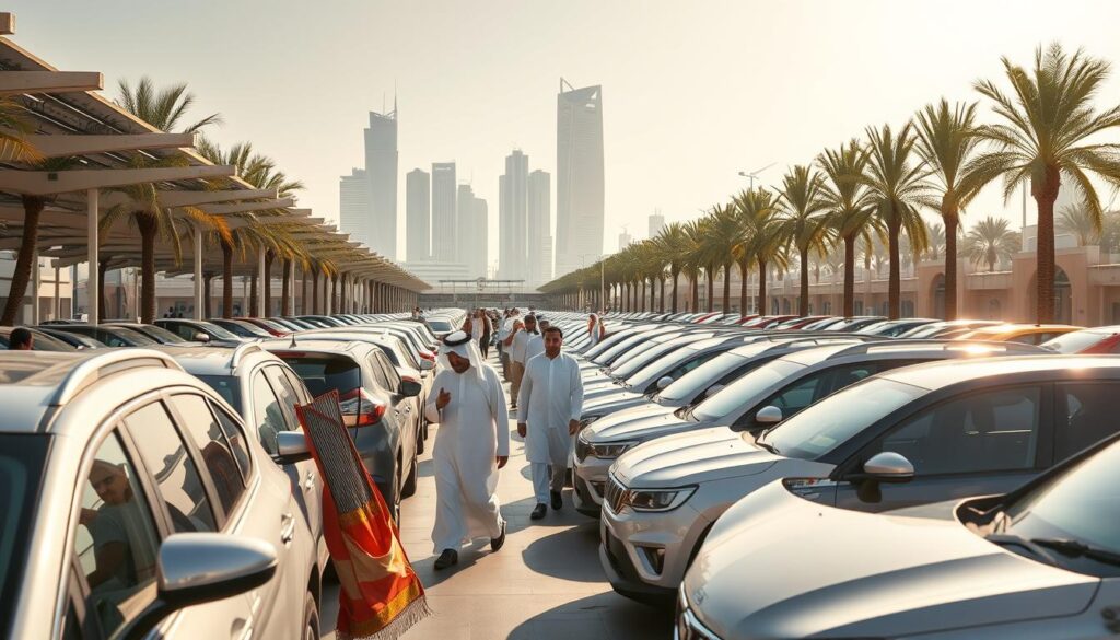 A bustling car market in Saudi Arabia, with rows of gleaming vehicles on display. Sunlight filters through the open-air stalls, casting warm shadows on the polished exteriors. Prospective buyers stroll through the aisles, examining the latest models and negotiating prices with seasoned salespeople. The air is alive with the hum of engines and the chatter of negotiations. In the background, towering skyscrapers and palm trees frame the scene, reflecting the country's modern and vibrant automotive industry. The atmosphere is one of excitement and opportunity, as buyers seek the best deals on their dream cars. A bustling car market in Saudi Arabia, with rows of gleaming vehicles on display. Sunlight filters through the open-air stalls, casting warm shadows on the polished exteriors. Prospective buyers stroll through the aisles, examining the latest models and negotiating prices with seasoned salespeople. The air is alive with the hum of engines and the chatter of negotiations. In the background, towering skyscrapers and palm trees frame the scene, reflecting the country's modern and vibrant automotive industry. The atmosphere is one of excitement and opportunity, as buyers seek the best deals on their dream cars.