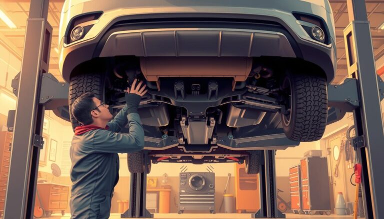 A detailed, realistic illustration of a periodic vehicle inspection, showcasing a mechanic inspecting the undercarriage of a car using a hydraulic lift in a well-equipped automotive repair shop. The scene depicts the inspection process with a focus on the mechanic's attention to detail, the various tools and equipment used, and the overall sense of a professional, safety-focused environment. The lighting is warm and natural, with a soft, diffused glow, creating a sense of cleanliness and order. The composition features the mechanic in the foreground, the car's underside in the middle ground, and the surrounding shop environment in the background, all working together to convey the importance of regular vehicle maintenance for safe driving.
