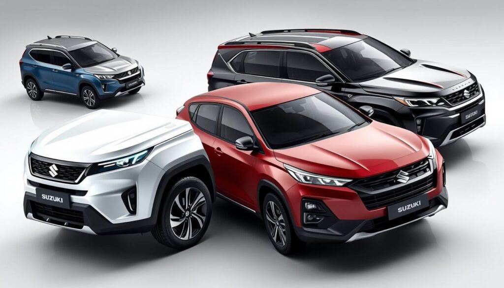 A detailed, sleek and modern 3D render of the latest lineup of Suzuki vehicles, showcasing their contemporary design, advanced features, and technological innovations. The scene should be set in a clean, well-lit studio environment, with the cars prominently displayed against a minimalist backdrop. Capture the vehicles from various angles, highlighting their aerodynamic silhouettes, bold grille designs, and distinctive lighting elements. Emphasize the high-quality materials, precise craftsmanship, and attention to detail that define Suzuki's engineering prowess. The overall mood should convey a sense of sophistication, precision, and cutting-edge automotive technology. A detailed, sleek and modern 3D render of the latest lineup of Suzuki vehicles, showcasing their contemporary design, advanced features, and technological innovations. The scene should be set in a clean, well-lit studio environment, with the cars prominently displayed against a minimalist backdrop. Capture the vehicles from various angles, highlighting their aerodynamic silhouettes, bold grille designs, and distinctive lighting elements. Emphasize the high-quality materials, precise craftsmanship, and attention to detail that define Suzuki's engineering prowess. The overall mood should convey a sense of sophistication, precision, and cutting-edge automotive technology.