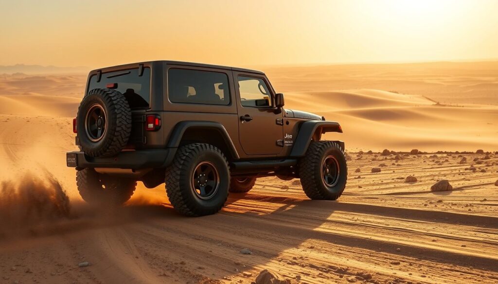 A rugged Jeep SUV navigating through the expansive, sun-drenched Saudi Arabian landscape. The vehicle's bold, muscular frame stands in contrast to the rolling dunes and rocky terrain. Soft, warm light filters through the dusty air, casting long shadows across the ground. The Jeep's off-road tires grip the uneven surface, their deep treads kicking up small clouds of sand. In the distance, the horizon is punctuated by the silhouettes of distant mountains. This scene captures the Jeep's capability and versatility, perfectly suited for traversing the diverse and challenging roads of Saudi Arabia. A rugged Jeep SUV navigating through the expansive, sun-drenched Saudi Arabian landscape. The vehicle's bold, muscular frame stands in contrast to the rolling dunes and rocky terrain. Soft, warm light filters through the dusty air, casting long shadows across the ground. The Jeep's off-road tires grip the uneven surface, their deep treads kicking up small clouds of sand. In the distance, the horizon is punctuated by the silhouettes of distant mountains. This scene captures the Jeep's capability and versatility, perfectly suited for traversing the diverse and challenging roads of Saudi Arabia.