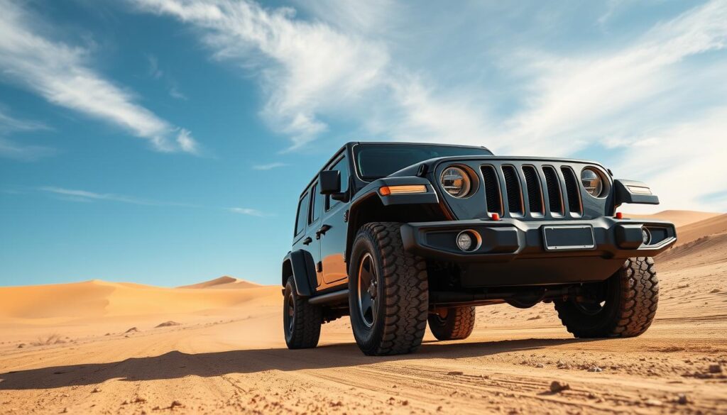 A rugged, off-road Jeep SUV parked on a dusty desert road, surrounded by rolling sand dunes and a cloudless blue sky. The vehicle's iconic boxy silhouette and bold, angular design stand out against the serene landscape. Sunlight casts warm highlights on the Jeep's muscular fenders and grill, emphasizing its sturdy, capable appearance. The Jeep's tall stance and knobby tires suggest its prowess in tackling challenging terrain. In the foreground, the Jeep's polished chrome accents and bold branding convey a sense of adventure and exploration, hinting at the versatility that sets it apart from other SUVs. A rugged, off-road Jeep SUV parked on a dusty desert road, surrounded by rolling sand dunes and a cloudless blue sky. The vehicle's iconic boxy silhouette and bold, angular design stand out against the serene landscape. Sunlight casts warm highlights on the Jeep's muscular fenders and grill, emphasizing its sturdy, capable appearance. The Jeep's tall stance and knobby tires suggest its prowess in tackling challenging terrain. In the foreground, the Jeep's polished chrome accents and bold branding convey a sense of adventure and exploration, hinting at the versatility that sets it apart from other SUVs.