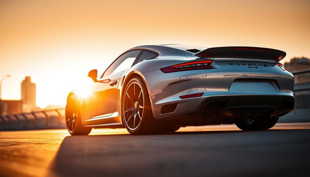 A sleek, aerodynamic Porsche sports car in a dramatic, low-angle perspective. The vehicle is illuminated by warm, golden light, casting long shadows that accentuate its muscular curves and sharp contours. The background is a blurred, urban cityscape, hinting at the car's high-performance capabilities. The composition emphasizes the Porsche's elegant design, engineering prowess, and the thrill of driving, capturing the essence of this iconic automotive brand. A sleek, aerodynamic Porsche sports car in a dramatic, low-angle perspective. The vehicle is illuminated by warm, golden light, casting long shadows that accentuate its muscular curves and sharp contours. The background is a blurred, urban cityscape, hinting at the car's high-performance capabilities. The composition emphasizes the Porsche's elegant design, engineering prowess, and the thrill of driving, capturing the essence of this iconic automotive brand.