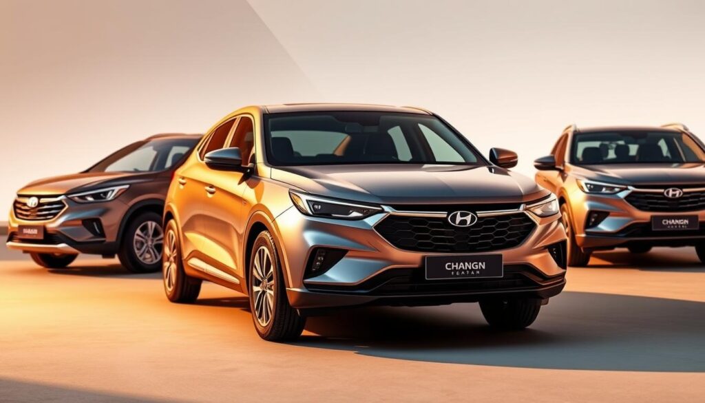 A sleek and modern fleet of Changan vehicles, showcasing the brand's distinctive design language. In the foreground, a mid-size sedan with a bold, angular front fascia and streamlined silhouette, reflecting Changan's commitment to style and sophistication. In the middle ground, a compact SUV with muscular proportions and a confident stance, projecting an image of capability and adventure. In the background, a larger sedan with a refined, elegant appearance, hinting at Changan's expanding product lineup. The lighting is warm and inviting, casting a subtle glow across the vehicles, accentuating their sculpted surfaces and attention to detail. The overall scene conveys Changan's evolution as a brand, blending modern design, quality, and a growing range of offerings to cater to diverse customer preferences. A sleek and modern fleet of Changan vehicles, showcasing the brand's distinctive design language. In the foreground, a mid-size sedan with a bold, angular front fascia and streamlined silhouette, reflecting Changan's commitment to style and sophistication. In the middle ground, a compact SUV with muscular proportions and a confident stance, projecting an image of capability and adventure. In the background, a larger sedan with a refined, elegant appearance, hinting at Changan's expanding product lineup. The lighting is warm and inviting, casting a subtle glow across the vehicles, accentuating their sculpted surfaces and attention to detail. The overall scene conveys Changan's evolution as a brand, blending modern design, quality, and a growing range of offerings to cater to diverse customer preferences.