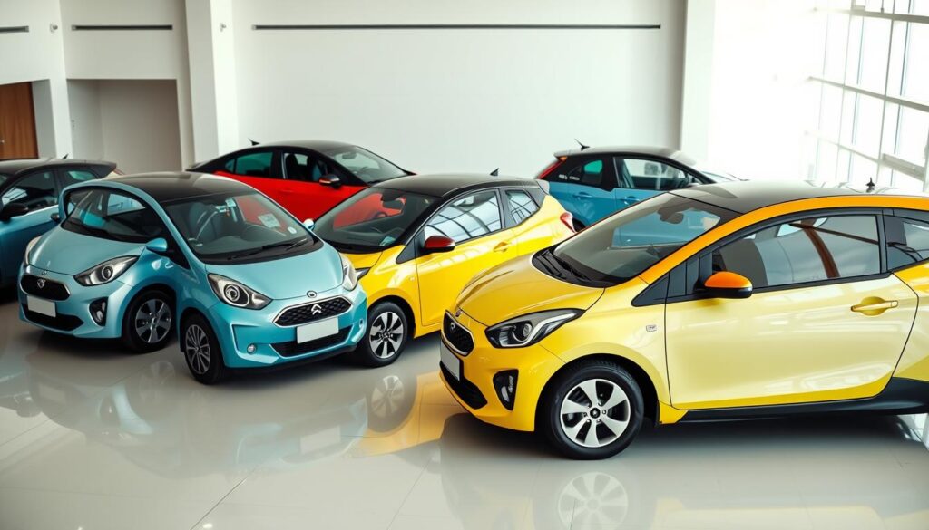 A small fleet of compact and fuel-efficient cars parked in a spacious showroom in Saudi Arabia. The cars are displayed in a well-lit, minimalist setting, allowing their sleek designs and vibrant colors to shine. The scene conveys a sense of modernity and practicality, highlighting the appeal of these vehicles for urban commuters and city dwellers. The cars are positioned at various angles, creating a dynamic and visually engaging composition. The background features clean lines and neutral tones, placing the focus on the cars themselves. The overall atmosphere suggests a comfortable and inviting shopping experience for potential buyers. A small fleet of compact and fuel-efficient cars parked in a spacious showroom in Saudi Arabia. The cars are displayed in a well-lit, minimalist setting, allowing their sleek designs and vibrant colors to shine. The scene conveys a sense of modernity and practicality, highlighting the appeal of these vehicles for urban commuters and city dwellers. The cars are positioned at various angles, creating a dynamic and visually engaging composition. The background features clean lines and neutral tones, placing the focus on the cars themselves. The overall atmosphere suggests a comfortable and inviting shopping experience for potential buyers.