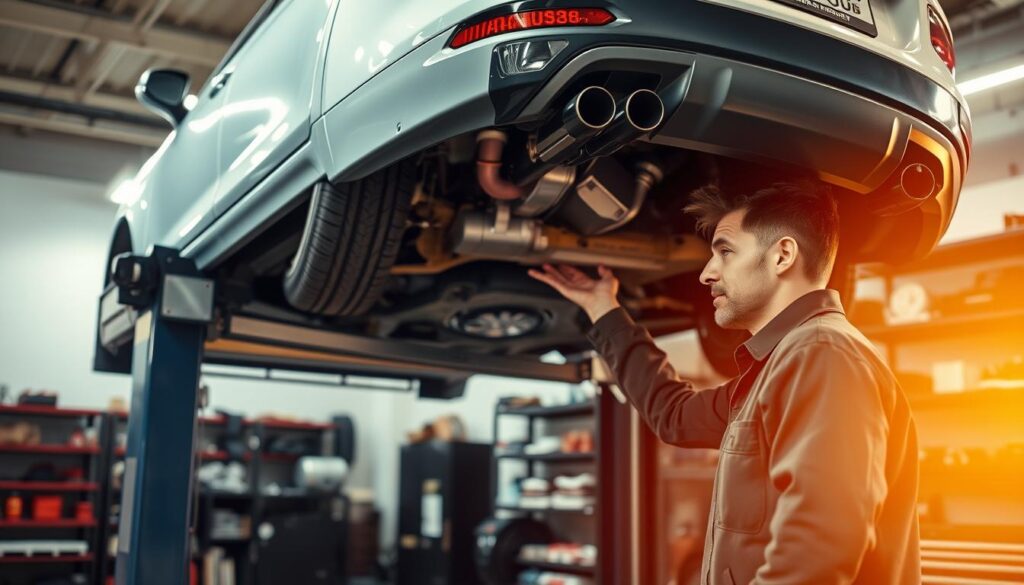 A well-lit auto repair garage interior, with a mechanic attentively inspecting the undercarriage of a sedan on a hydraulic lift. The scene conveys a sense of diligence and care, with the mechanic's focused expression and the array of specialized tools on the workbench. Warm, golden lighting bathes the scene, creating a sense of professionalism and expertise. The background features neatly organized shelves of automotive parts and accessories, suggesting a comprehensive service facility. The image emphasizes the importance of routine vehicle maintenance and inspections for safe and reliable transportation. A well-lit auto repair garage interior, with a mechanic attentively inspecting the undercarriage of a sedan on a hydraulic lift. The scene conveys a sense of diligence and care, with the mechanic's focused expression and the array of specialized tools on the workbench. Warm, golden lighting bathes the scene, creating a sense of professionalism and expertise. The background features neatly organized shelves of automotive parts and accessories, suggesting a comprehensive service facility. The image emphasizes the importance of routine vehicle maintenance and inspections for safe and reliable transportation.
