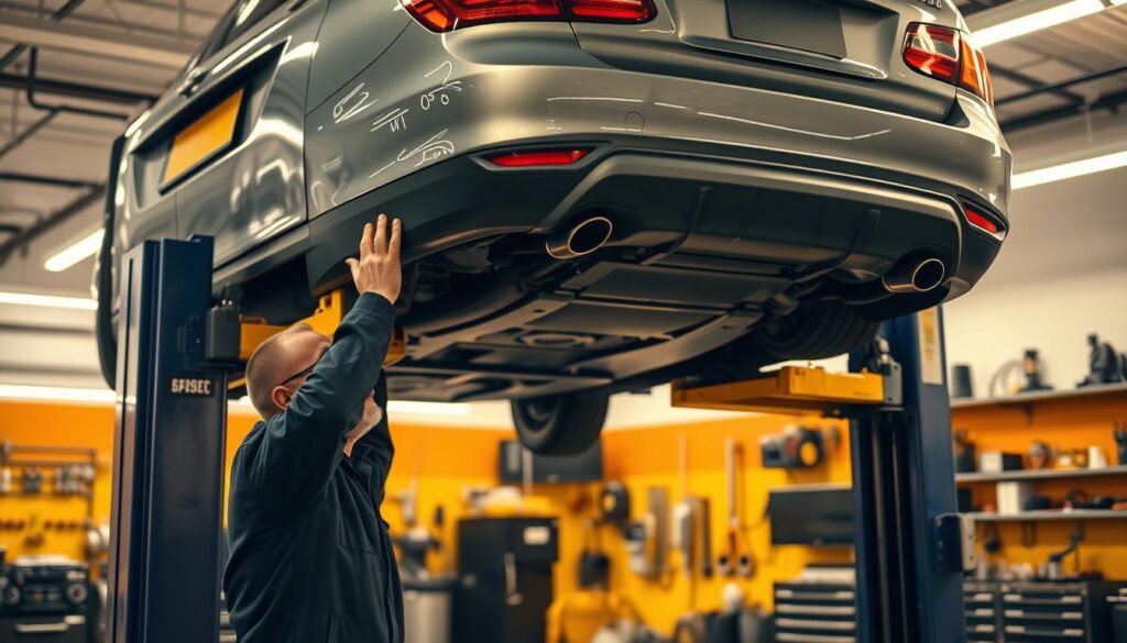 A well-lit auto repair shop interior, with a mechanic in the foreground inspecting the undercarriage of a mid-size sedan raised on a hydraulic lift. Numerous tools and diagnostic equipment in the background, conveying a sense of professional expertise. Warm, amber lighting casts a cozy glow, while the overall composition suggests a methodical, thorough vehicle inspection process. The scene should evoke a feeling of trust and confidence in the routine maintenance of one's automobile. A well-lit auto repair shop interior, with a mechanic in the foreground inspecting the undercarriage of a mid-size sedan raised on a hydraulic lift. Numerous tools and diagnostic equipment in the background, conveying a sense of professional expertise. Warm, amber lighting casts a cozy glow, while the overall composition suggests a methodical, thorough vehicle inspection process. The scene should evoke a feeling of trust and confidence in the routine maintenance of one's automobile.