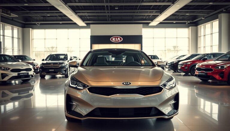 A well-lit showroom in Saudi Arabia, showcasing a selection of sleek and modern Kia vehicles. In the foreground, a mid-size Kia sedan, its lustrous body reflecting the bright, natural lighting flooding the space. The middle ground features a range of Kia SUVs and crossovers, their sharp lines and bold grilles conveying a sense of confidence and capability. In the background, a panoramic view of the showroom's interior, with clean, minimalist design elements and a warm, inviting atmosphere. The overall scene exudes a sense of quality, innovation, and the perfect balance of form and function, highlighting Kia as the optimal choice for Saudi Arabian drivers.