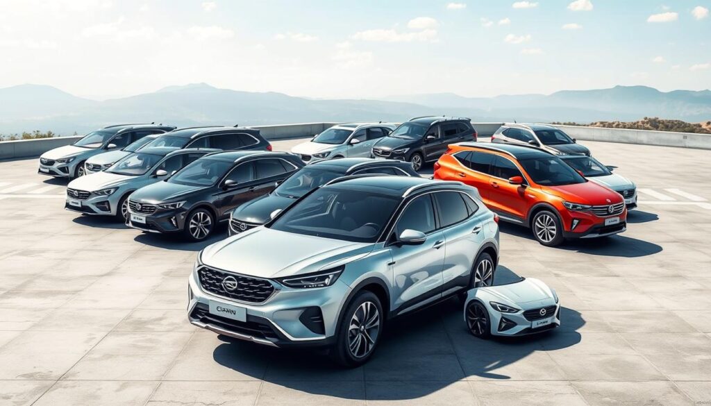 a high-resolution, detailed, and realistic image of a fleet of Changan brand automobiles in a dynamic outdoor environment. The cars should be showcased in a well-lit setting, with a clean and modern aesthetic. Capture various Changan models, such as sedans, SUVs, and crossovers, from different angles to highlight their distinctive design features and technical specifications. The image should convey a sense of sophistication, performance, and the latest automotive technology employed by the Changan brand. Ensure the composition balances the vehicles, the surrounding landscape, and any relevant technical details to create a visually striking and informative illustration. a high-resolution, detailed, and realistic image of a fleet of Changan brand automobiles in a dynamic outdoor environment. The cars should be showcased in a well-lit setting, with a clean and modern aesthetic. Capture various Changan models, such as sedans, SUVs, and crossovers, from different angles to highlight their distinctive design features and technical specifications. The image should convey a sense of sophistication, performance, and the latest automotive technology employed by the Changan brand. Ensure the composition balances the vehicles, the surrounding landscape, and any relevant technical details to create a visually striking and informative illustration.