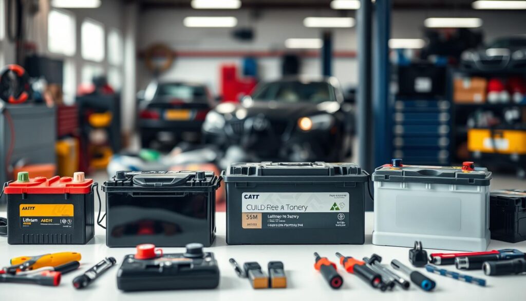 A detailed composition showcasing an assortment of car batteries. In the foreground, a variety of battery types are displayed, including lead-acid, lithium-ion, and AGM batteries, each with their unique sizes, shapes, and color schemes. The middle ground features a clean, well-lit workspace with tools and accessories related to battery maintenance and installation. In the background, a blurred automotive workshop setting, conveying a sense of professionalism and expertise. The overall lighting is soft and evenly distributed, creating a balanced and visually appealing scene. The composition emphasizes the diversity of car battery options, inviting the viewer to consider the best choice for their vehicle. A detailed composition showcasing an assortment of car batteries. In the foreground, a variety of battery types are displayed, including lead-acid, lithium-ion, and AGM batteries, each with their unique sizes, shapes, and color schemes. The middle ground features a clean, well-lit workspace with tools and accessories related to battery maintenance and installation. In the background, a blurred automotive workshop setting, conveying a sense of professionalism and expertise. The overall lighting is soft and evenly distributed, creating a balanced and visually appealing scene. The composition emphasizes the diversity of car battery options, inviting the viewer to consider the best choice for their vehicle.