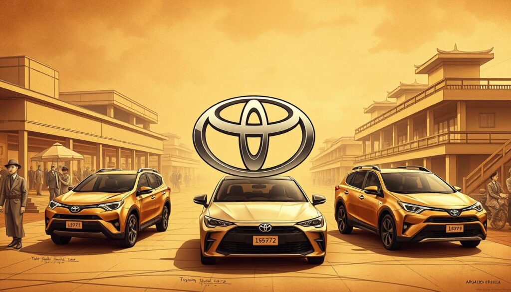 A detailed, historical illustration of the Toyota Motor Corporation's founding and evolution. Showcase the company's origins in the early 20th century, transitioning from a loom manufacturer to an innovative automotive pioneer. Depict the key milestones - from Sakichi Toyoda's first automobile in 1935 to the global expansion and technological advancements that shaped Toyota's rise to prominence. Render the scene with a warm, sepia-toned palette, utilizing realistic textures and lighting to convey a sense of timeless legacy. Position the Toyota logo prominently yet subtly, framed by iconic vehicles from different eras to narrate the brand's storied journey. Maintain a balanced composition that seamlessly blends past and present, reflecting Toyota's enduring legacy of quality, reliability, and continuous improvement. A detailed, historical illustration of the Toyota Motor Corporation's founding and evolution. Showcase the company's origins in the early 20th century, transitioning from a loom manufacturer to an innovative automotive pioneer. Depict the key milestones - from Sakichi Toyoda's first automobile in 1935 to the global expansion and technological advancements that shaped Toyota's rise to prominence. Render the scene with a warm, sepia-toned palette, utilizing realistic textures and lighting to convey a sense of timeless legacy. Position the Toyota logo prominently yet subtly, framed by iconic vehicles from different eras to narrate the brand's storied journey. Maintain a balanced composition that seamlessly blends past and present, reflecting Toyota's enduring legacy of quality, reliability, and continuous improvement.