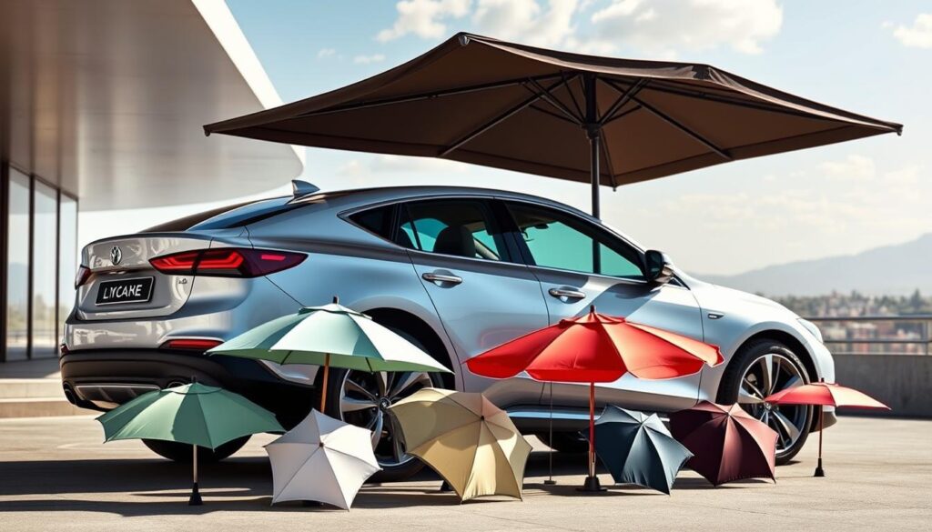 A modern, sleek car parked in a sunny outdoor setting, with an array of car sunshades and umbrellas displayed in the foreground. The sunshades come in various colors, sizes, and designs, highlighting the key factors that influence the choice of the right car sunshade, such as sun protection, ventilation, aesthetics, and compatibility with the vehicle. The background showcases a vibrant cityscape or natural landscape, creating an inviting and aspirational atmosphere. The lighting is natural, with soft shadows and highlights that accentuate the details of the car and the sunshades. The camera angle is slightly elevated, providing a clear view of the car and the sunshade options. A modern, sleek car parked in a sunny outdoor setting, with an array of car sunshades and umbrellas displayed in the foreground. The sunshades come in various colors, sizes, and designs, highlighting the key factors that influence the choice of the right car sunshade, such as sun protection, ventilation, aesthetics, and compatibility with the vehicle. The background showcases a vibrant cityscape or natural landscape, creating an inviting and aspirational atmosphere. The lighting is natural, with soft shadows and highlights that accentuate the details of the car and the sunshades. The camera angle is slightly elevated, providing a clear view of the car and the sunshade options.