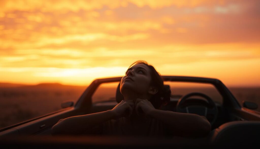 A serene, contemplative scene set against a warm, golden sunset. In the foreground, a person sits calmly in a car, hands resting on the steering wheel, eyes gazing upwards with an expression of deep trust and reliance on the divine. The car is rendered in a soft, muted palette, with subtle details that suggest a journey. The background features a vast, open sky filled with hues of orange, pink, and purple, conveying a sense of expansiveness and the presence of a higher power. The lighting is soft and diffused, creating a tranquil, almost ethereal atmosphere. The overall composition radiates a sense of peace, security, and unwavering faith in God's care during the journey of life. A serene, contemplative scene set against a warm, golden sunset. In the foreground, a person sits calmly in a car, hands resting on the steering wheel, eyes gazing upwards with an expression of deep trust and reliance on the divine. The car is rendered in a soft, muted palette, with subtle details that suggest a journey. The background features a vast, open sky filled with hues of orange, pink, and purple, conveying a sense of expansiveness and the presence of a higher power. The lighting is soft and diffused, creating a tranquil, almost ethereal atmosphere. The overall composition radiates a sense of peace, security, and unwavering faith in God's care during the journey of life.