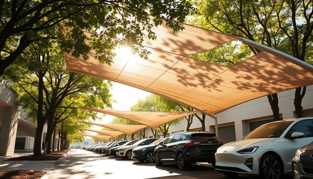 A sun-dappled street with modern cars parked beneath stylish canopies that shield them from the scorching rays. Sleek, minimalist designs in neutral tones gracefully blend into the urban landscape. Soft shadows dance across the vehicles, creating a serene, protective atmosphere. The canopies are angled to maximize coverage, their clean lines and elegant curves evoking a sense of contemporary sophistication. Dappled light filters through the structures, creating a warm, inviting ambiance that emphasizes the importance of shielding cars from the sun's intense glare and heat. The scene conveys the practical benefits of such car shade solutions while also suggesting their aesthetic appeal within a modern, well-designed setting. A sun-dappled street with modern cars parked beneath stylish canopies that shield them from the scorching rays. Sleek, minimalist designs in neutral tones gracefully blend into the urban landscape. Soft shadows dance across the vehicles, creating a serene, protective atmosphere. The canopies are angled to maximize coverage, their clean lines and elegant curves evoking a sense of contemporary sophistication. Dappled light filters through the structures, creating a warm, inviting ambiance that emphasizes the importance of shielding cars from the sun's intense glare and heat. The scene conveys the practical benefits of such car shade solutions while also suggesting their aesthetic appeal within a modern, well-designed setting.