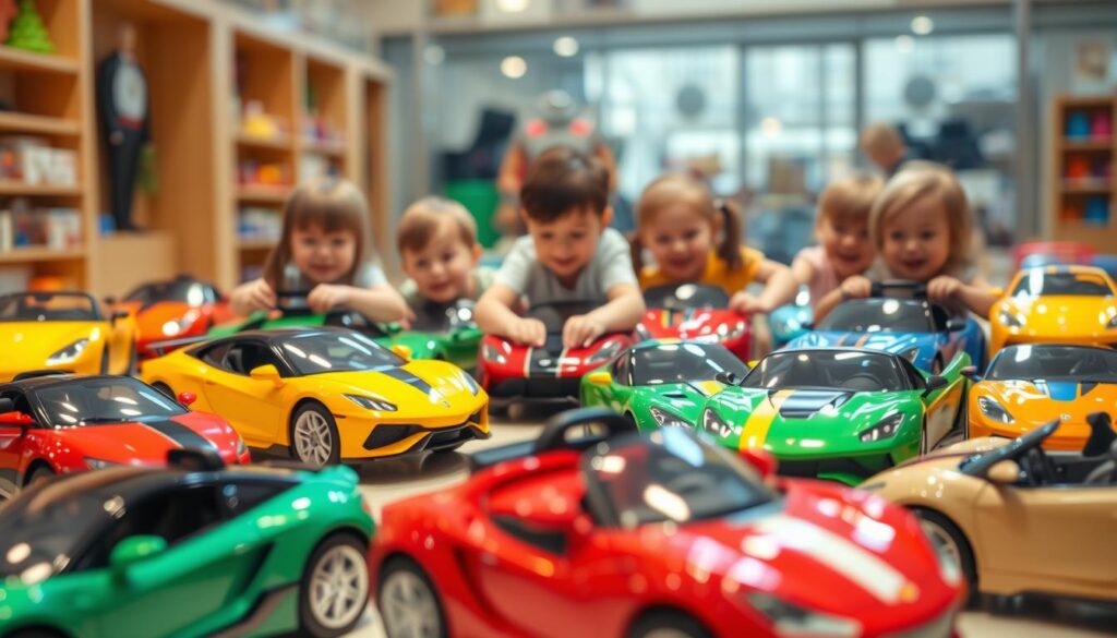 A vibrant and colorful display of children's cars, showcasing a variety of models and styles. The foreground features several sleek, miniature vehicles, each with intricate details and bright, eye-catching designs. In the middle ground, a group of enthusiastic children play and explore the cars, their expressions filled with delight and wonder. The background is a warm, inviting setting, perhaps a toy store or a playground, with soft lighting and a subtle sense of movement to create a lively, engaging atmosphere. The overall composition conveys a sense of joy, imagination, and the pure excitement of children exploring their own personal modes of transportation. A vibrant and colorful display of children's cars, showcasing a variety of models and styles. The foreground features several sleek, miniature vehicles, each with intricate details and bright, eye-catching designs. In the middle ground, a group of enthusiastic children play and explore the cars, their expressions filled with delight and wonder. The background is a warm, inviting setting, perhaps a toy store or a playground, with soft lighting and a subtle sense of movement to create a lively, engaging atmosphere. The overall composition conveys a sense of joy, imagination, and the pure excitement of children exploring their own personal modes of transportation.