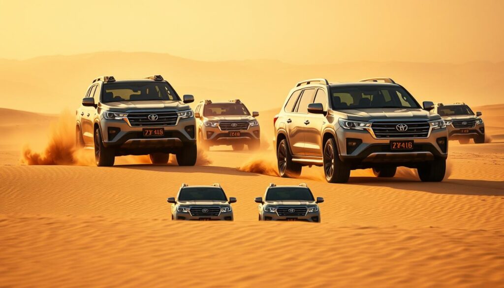 A fleet of rugged Chinese SUVs navigating the expansive deserts of Saudi Arabia. Imposing chrome grilles and boxy silhouettes stand tall against a hazy, golden sky. Massive off-road tires churn up plumes of sand as the vehicles traverse the undulating terrain. In the foreground, a group of these capable 4x4s are parked, their LED headlights casting long shadows across the dunes. The scene exudes a sense of adventure and the ability to conquer any landscape, capturing the growing presence of Chinese automotive brands in the global market. A fleet of rugged Chinese SUVs navigating the expansive deserts of Saudi Arabia. Imposing chrome grilles and boxy silhouettes stand tall against a hazy, golden sky. Massive off-road tires churn up plumes of sand as the vehicles traverse the undulating terrain. In the foreground, a group of these capable 4x4s are parked, their LED headlights casting long shadows across the dunes. The scene exudes a sense of adventure and the ability to conquer any landscape, capturing the growing presence of Chinese automotive brands in the global market.