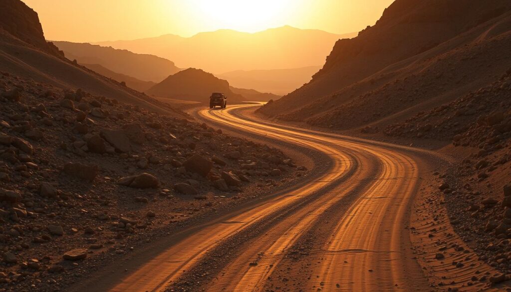 A rugged dirt road winding through a desolate, mountainous landscape in Saudi Arabia. The path is lined with jagged rocks and loose gravel, casting long shadows under a warm, golden sun. In the distance, a lone Suzuki vehicle navigates the challenging terrain with ease, its sturdy frame and capable suspension handling the uneven surface with confidence. The scene conveys the resilience and versatility required for driving in the Kingdom's rough, off-road environments, showcasing why a Suzuki car is the optimal choice for navigating Saudi Arabia's demanding roads. A rugged dirt road winding through a desolate, mountainous landscape in Saudi Arabia. The path is lined with jagged rocks and loose gravel, casting long shadows under a warm, golden sun. In the distance, a lone Suzuki vehicle navigates the challenging terrain with ease, its sturdy frame and capable suspension handling the uneven surface with confidence. The scene conveys the resilience and versatility required for driving in the Kingdom's rough, off-road environments, showcasing why a Suzuki car is the optimal choice for navigating Saudi Arabia's demanding roads.