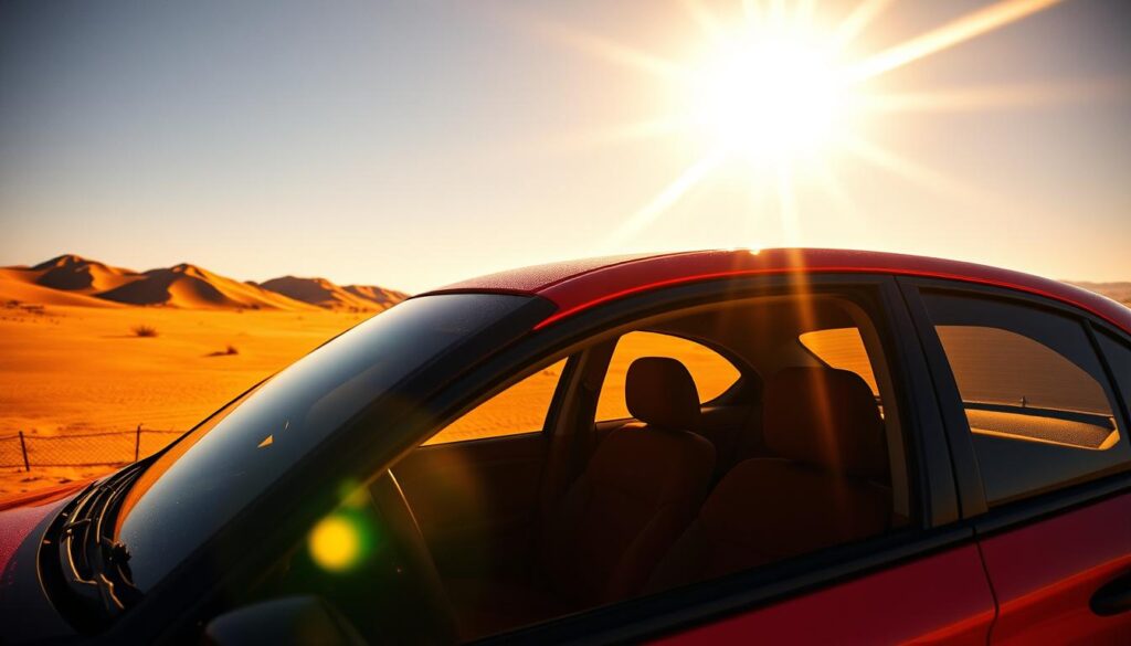 A scorching desert landscape, the sun's harsh rays beaming down upon a parked car. The vehicle's exterior shimmers with intense heat, the air around it wavering. Sunlight glints off the windshield, creating a blinding glare. The car's interior is an oven, the seats searing to the touch. Vibrant, saturated colors depict the sun's unforgiving presence, casting deep shadows and highlights. A sense of oppressive, stifling warmth permeates the scene, emphasizing the importance of effective thermal insulation to protect the car's occupants from the sun's damaging effects. A scorching desert landscape, the sun's harsh rays beaming down upon a parked car. The vehicle's exterior shimmers with intense heat, the air around it wavering. Sunlight glints off the windshield, creating a blinding glare. The car's interior is an oven, the seats searing to the touch. Vibrant, saturated colors depict the sun's unforgiving presence, casting deep shadows and highlights. A sense of oppressive, stifling warmth permeates the scene, emphasizing the importance of effective thermal insulation to protect the car's occupants from the sun's damaging effects.
