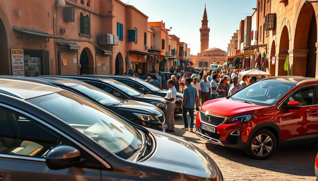 A bustling Moroccan marketplace, showcasing the latest Peugeot models against a backdrop of vibrant stalls, traditional architecture, and a lively crowd. Sunlight filters through the narrow streets, illuminating the sleek, modern lines of the vehicles while contrasting with the weathered facades. In the foreground, potential customers examine the features and amenities, discussing the cars' capabilities and suitability for the Moroccan market. The middle ground is populated by vendors hawking their wares, creating a dynamic and immersive scene. In the distance, the iconic minaret of a nearby mosque towers over the scene, lending a sense of cultural authenticity. The overall atmosphere conveys a melding of modernity and tradition, reflecting the unique position of Peugeot in the Moroccan automotive landscape. A bustling Moroccan marketplace, showcasing the latest Peugeot models against a backdrop of vibrant stalls, traditional architecture, and a lively crowd. Sunlight filters through the narrow streets, illuminating the sleek, modern lines of the vehicles while contrasting with the weathered facades. In the foreground, potential customers examine the features and amenities, discussing the cars' capabilities and suitability for the Moroccan market. The middle ground is populated by vendors hawking their wares, creating a dynamic and immersive scene. In the distance, the iconic minaret of a nearby mosque towers over the scene, lending a sense of cultural authenticity. The overall atmosphere conveys a melding of modernity and tradition, reflecting the unique position of Peugeot in the Moroccan automotive landscape.