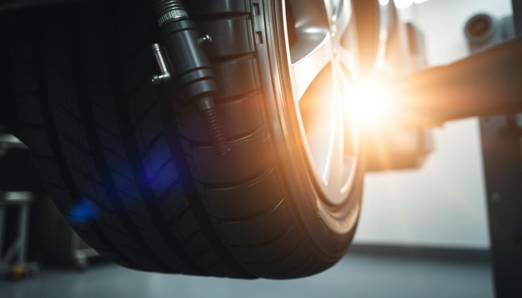 A detailed close-up view of a car tire undergoing tire balancing or tire rotation service. The tire is lifted off the ground, revealing the intricate mechanisms and tools used by a skilled mechanic to precisely align the tire and wheel assembly for optimal performance and safety. The lighting is bright and directional, casting dramatic shadows that highlight the textured rubber of the tire tread and the metallic components of the suspension system. The composition places the tire at the center, with a clean, uncluttered background that allows the technical details to be the focal point. The overall mood conveys a sense of precision, professionalism, and the importance of proper tire maintenance for a vehicle's handling, ride quality, and road safety.