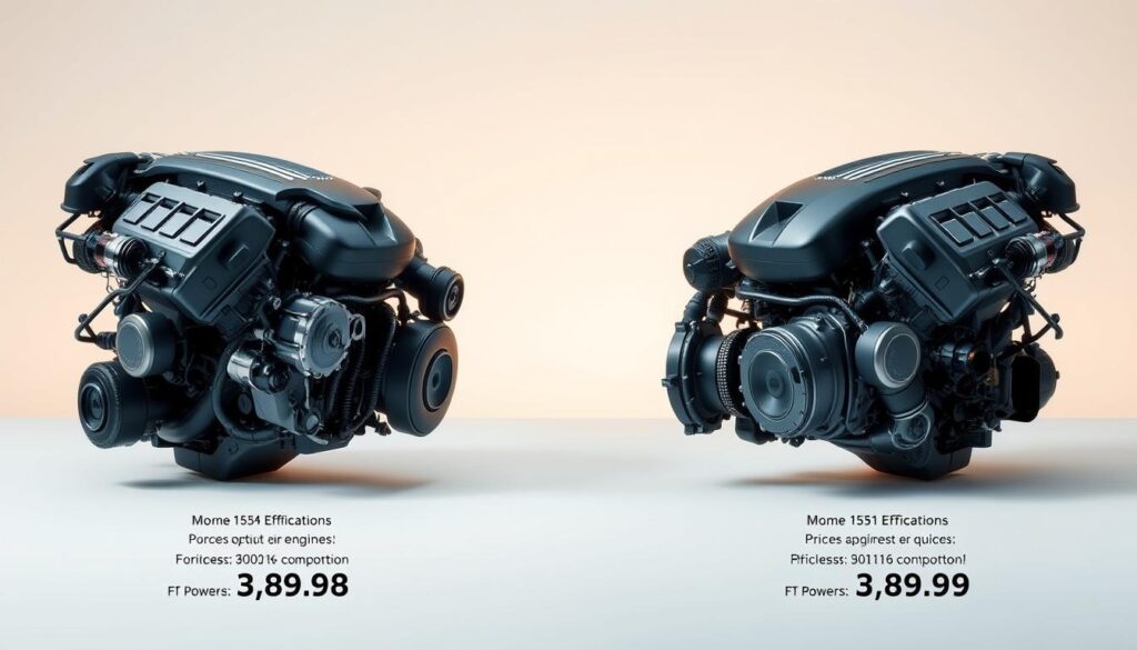 A detailed comparison of two car engines, showcasing their technical specifications and relative value proposition. Prominently displayed are the engine components, their power output, fuel efficiency, and pricing information. The scene is set against a clean, minimalist background with subtle gradients to highlight the key elements. Soft, directional lighting illuminates the engines from an angle, creating depth and emphasizing their intricate details. The overall mood is informative and analytical, inviting the viewer to assess the practical merits of each option. A detailed comparison of two car engines, showcasing their technical specifications and relative value proposition. Prominently displayed are the engine components, their power output, fuel efficiency, and pricing information. The scene is set against a clean, minimalist background with subtle gradients to highlight the key elements. Soft, directional lighting illuminates the engines from an angle, creating depth and emphasizing their intricate details. The overall mood is informative and analytical, inviting the viewer to assess the practical merits of each option.
