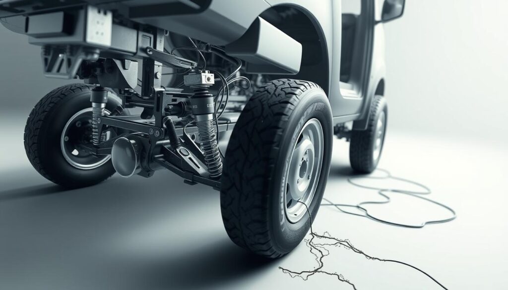 A detailed cross-section view of a vehicle's grounding or earthing system, showcasing the various components that provide a stable electrical connection to the ground. The image should depict the chassis, suspension, wheels, and the grounding wires or cables that securely attach the vehicle's metal frame to the earth, creating a low-resistance path for electricity to flow. The scene should be rendered with a technical, engineering-oriented aesthetic, using muted tones and precise linework to convey the functional nature of the grounding system. Subtle lighting from multiple angles should highlight the intricate details and emphasize the importance of this critical automotive subsystem.