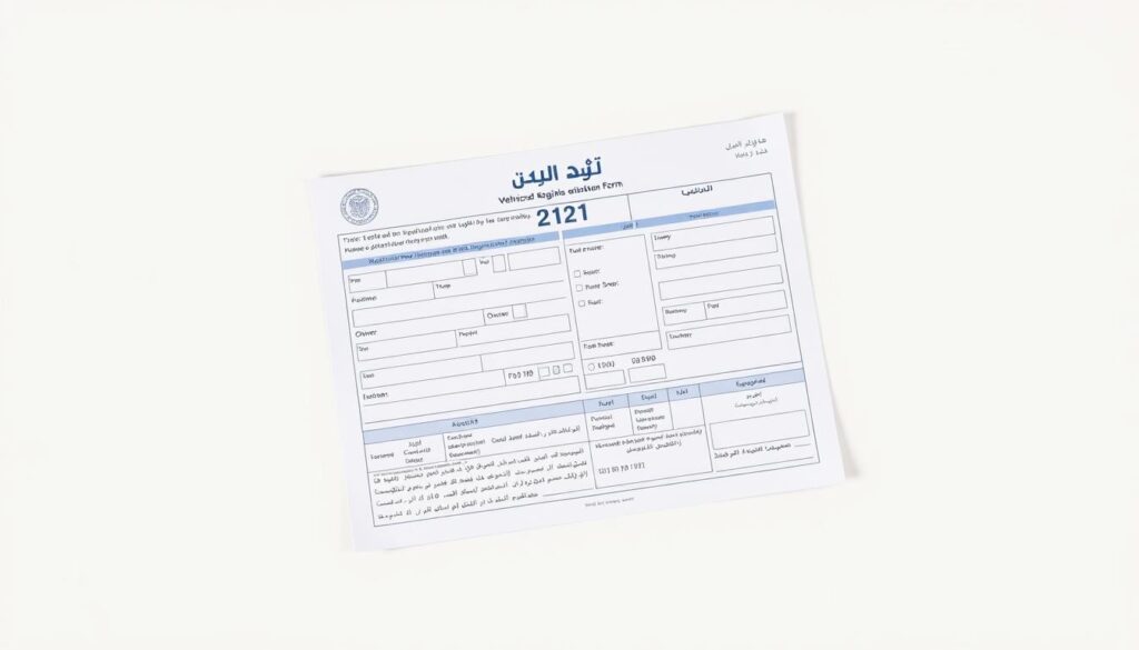 A detailed, official-looking vehicle registration form titled "استمارة السيارة" on a clean, off-white background. The form has well-organized sections and fields for entering information about the vehicle, owner, and other relevant details. The layout is professional and minimalist, with a subtle blue or grey color scheme. The form is positioned in the center of the frame, with ample negative space around it to create a sense of importance and gravity. The lighting is soft and diffused, with a slight shadow underneath the form to give it depth and dimension. The overall mood is serious and authoritative, conveying the importance of the document. A detailed, official-looking vehicle registration form titled "استمارة السيارة" on a clean, off-white background. The form has well-organized sections and fields for entering information about the vehicle, owner, and other relevant details. The layout is professional and minimalist, with a subtle blue or grey color scheme. The form is positioned in the center of the frame, with ample negative space around it to create a sense of importance and gravity. The lighting is soft and diffused, with a slight shadow underneath the form to give it depth and dimension. The overall mood is serious and authoritative, conveying the importance of the document.