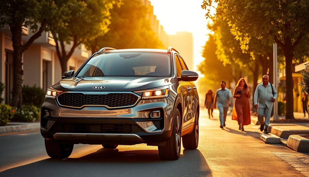 A family-friendly Kia SUV parked on a sunny street in Riyadh, Saudi Arabia. The modern, sleek vehicle takes center stage, its bold front grille and distinctive taillights reflecting the city's vibrant architecture in the background. Pedestrians stroll along the tree-lined sidewalk, capturing the everyday charm of a thriving Saudi neighborhood. Warm, golden sunlight bathes the scene, creating a welcoming, comfortable atmosphere that showcases Kia's reputation as an ideal family car in the Kingdom. A family-friendly Kia SUV parked on a sunny street in Riyadh, Saudi Arabia. The modern, sleek vehicle takes center stage, its bold front grille and distinctive taillights reflecting the city's vibrant architecture in the background. Pedestrians stroll along the tree-lined sidewalk, capturing the everyday charm of a thriving Saudi neighborhood. Warm, golden sunlight bathes the scene, creating a welcoming, comfortable atmosphere that showcases Kia's reputation as an ideal family car in the Kingdom.