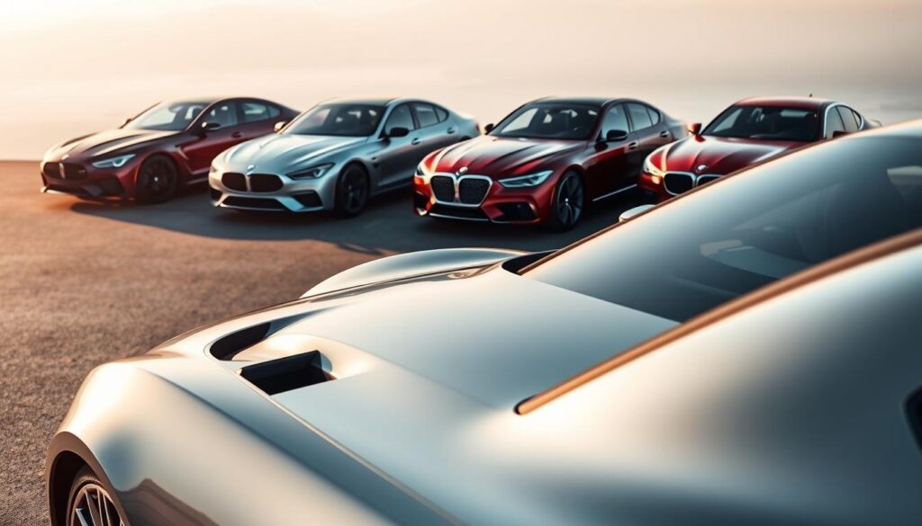 A luxurious lineup of high-end, meticulously crafted automobiles gleaming under a soft, diffused light. The foreground features a sleek, aerodynamic sports car with a streamlined silhouette, its chrome accents catching the light and reflecting the surrounding environment. In the middle ground, a quartet of prestigious sedans in a range of bold, sophisticated colors stand in a dynamic, symmetrical arrangement, conveying a sense of power and prestige. The background gently fades into a soft, hazy blur, allowing the vehicles to take center stage. The overall scene exudes an air of exclusivity, refinement, and the pinnacle of automotive engineering and design. A luxurious lineup of high-end, meticulously crafted automobiles gleaming under a soft, diffused light. The foreground features a sleek, aerodynamic sports car with a streamlined silhouette, its chrome accents catching the light and reflecting the surrounding environment. In the middle ground, a quartet of prestigious sedans in a range of bold, sophisticated colors stand in a dynamic, symmetrical arrangement, conveying a sense of power and prestige. The background gently fades into a soft, hazy blur, allowing the vehicles to take center stage. The overall scene exudes an air of exclusivity, refinement, and the pinnacle of automotive engineering and design.