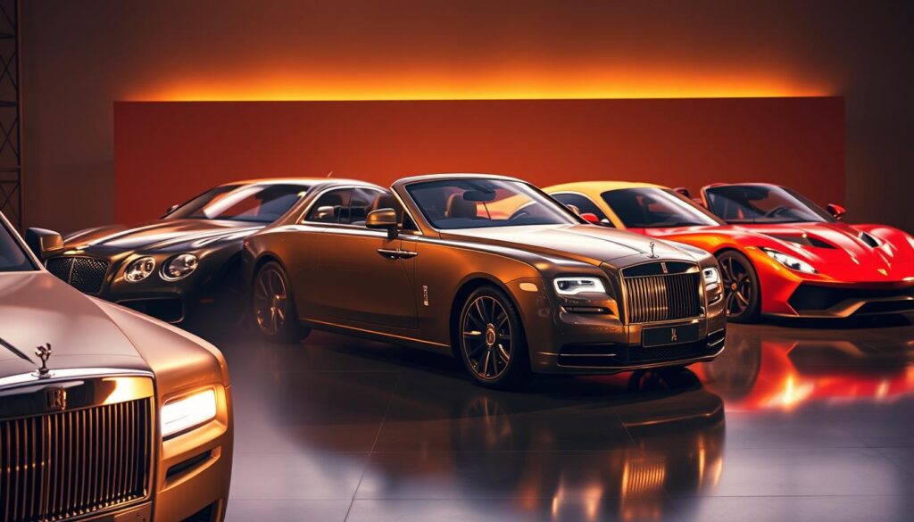 A luxurious showcase of the world's most prestigious and iconic car models, illuminated by warm, golden lighting that casts a soft glow on their sleek, meticulously designed exteriors. In the foreground, a stunning Rolls-Royce Phantom glimmers, its chrome accents and bespoke craftsmanship exuding an air of unparalleled elegance. Behind it, a Bentley Continental GT and a Maserati Ghibli occupy the middle ground, their distinct silhouettes and bold, muscular lines reflecting their powerful performance capabilities. In the background, a Lamborghini Aventador and a Ferrari LaFerrari stand tall, their aggressive, aerodynamic forms hinting at the raw, exhilarating driving experiences they offer. The scene is captured with a cinematic, high-resolution lens, emphasizing the luxurious, high-end nature of these world-class automotive masterpieces. A luxurious showcase of the world's most prestigious and iconic car models, illuminated by warm, golden lighting that casts a soft glow on their sleek, meticulously designed exteriors. In the foreground, a stunning Rolls-Royce Phantom glimmers, its chrome accents and bespoke craftsmanship exuding an air of unparalleled elegance. Behind it, a Bentley Continental GT and a Maserati Ghibli occupy the middle ground, their distinct silhouettes and bold, muscular lines reflecting their powerful performance capabilities. In the background, a Lamborghini Aventador and a Ferrari LaFerrari stand tall, their aggressive, aerodynamic forms hinting at the raw, exhilarating driving experiences they offer. The scene is captured with a cinematic, high-resolution lens, emphasizing the luxurious, high-end nature of these world-class automotive masterpieces.