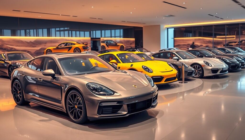 A luxurious showroom in Riyadh, Saudi Arabia, showcasing the latest Porsche models. The sleek, aerodynamic silhouettes of the vehicles glisten under the warm, diffused lighting, inviting visitors to admire their elegant design and high-performance capabilities. In the foreground, a Porsche Panamera sedan in a deep metallic hue commands attention, its sharp lines and muscular stance reflecting the brand's commitment to both style and power. In the middle ground, a Porsche 911 Turbo S coupe in a vibrant shade of yellow stands ready to unleash its turbocharged acceleration, while in the background, a fleet of various Porsche models, including the Cayenne SUV and the all-electric Taycan, are neatly arranged, highlighting the breadth of the manufacturer's offerings in the Saudi Arabian market.