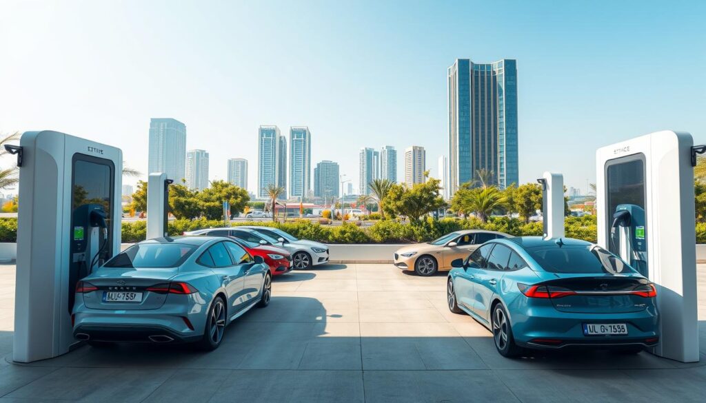 A modern electric vehicle charging station in Saudi Arabia, with sleek, minimalist design and advanced charging technology. The station is located in a well-lit outdoor setting, with clean lines and a neutral color palette that blends seamlessly with the surrounding environment. The foreground features several charging points, each equipped with high-power connectors and intuitive user interfaces. In the middle ground, several electric cars of different makes and models are shown charging, their streamlined silhouettes and vibrant colors reflecting the station's modern aesthetic. The background depicts a serene urban landscape, with tall buildings, lush greenery, and a clear, blue sky overhead, creating a calming and inviting atmosphere. A modern electric vehicle charging station in Saudi Arabia, with sleek, minimalist design and advanced charging technology. The station is located in a well-lit outdoor setting, with clean lines and a neutral color palette that blends seamlessly with the surrounding environment. The foreground features several charging points, each equipped with high-power connectors and intuitive user interfaces. In the middle ground, several electric cars of different makes and models are shown charging, their streamlined silhouettes and vibrant colors reflecting the station's modern aesthetic. The background depicts a serene urban landscape, with tall buildings, lush greenery, and a clear, blue sky overhead, creating a calming and inviting atmosphere.