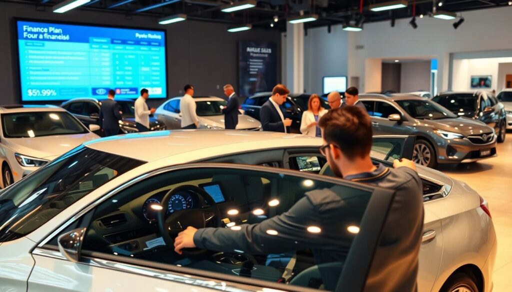A modern showroom with sleek, well-lit displays showcasing a variety of sedan and SUV models. In the foreground, a customer examines the interior of a mid-size sedan, carefully inspecting the leather upholstery and dashboard controls. The middle ground features sales associates engaged in lively discussions with prospective buyers, guiding them through the purchasing process. In the background, a large digital screen displays financing options and payment plans, creating a sense of transparency and professionalism. The overall scene conveys an atmosphere of efficiency, attention to detail, and a customer-centric approach to vehicle acquisition. A modern showroom with sleek, well-lit displays showcasing a variety of sedan and SUV models. In the foreground, a customer examines the interior of a mid-size sedan, carefully inspecting the leather upholstery and dashboard controls. The middle ground features sales associates engaged in lively discussions with prospective buyers, guiding them through the purchasing process. In the background, a large digital screen displays financing options and payment plans, creating a sense of transparency and professionalism. The overall scene conveys an atmosphere of efficiency, attention to detail, and a customer-centric approach to vehicle acquisition.