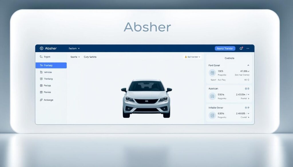 A modern, sleek interface of the "Absher" platform, showcasing a clean dashboard with intuitive icons and menus. The screen displays a vehicle registration process, with a focus on the central section where the user can input vehicle details and initiate the electronic transfer of ownership. The layout is minimalist yet visually appealing, with a neutral color palette and subtle gradients to create depth and hierarchy. Soft lighting illuminates the scene, creating a sense of professionalism and efficiency. The overall impression is one of a seamless, user-friendly digital experience for managing vehicle ownership transfers.