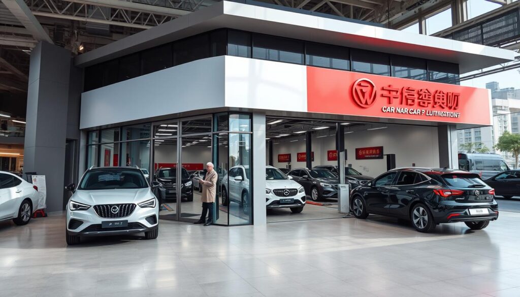 A modern, well-equipped car service center specializing in Chinese vehicles. Situated in a bustling urban setting, the facility features a spacious showroom showcasing the latest models. In the workshop, skilled technicians use advanced diagnostic tools and equipment to meticulously service and repair Chinese cars, ensuring optimal performance and longevity. The center's exterior boasts a sleek, contemporary design with large windows, allowing natural light to flood the interior. Vibrant signage prominently displays the center's branding, conveying its expertise and commitment to customer satisfaction. The atmosphere is professional yet welcoming, catering to the unique needs of Chinese car owners in the Kingdom.