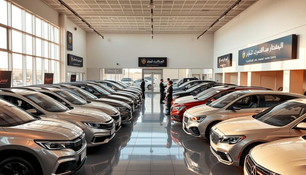 A modern, well-equipped showroom for certified pre-owned vehicles in Saudi Arabia. The spacious interior is bathed in warm, natural lighting that cascades through large windows, creating a welcoming ambiance. Neatly arranged rows of gleaming sedans, SUVs, and sports cars in a variety of makes and models beckon potential buyers. Knowledgeable sales staff engage with customers, providing detailed information about the vehicle specifications, history, and maintenance records. The showroom's branding and signage convey a sense of professionalism and trust, assuring customers of the dealership's credibility and commitment to quality. Outside, the facade features a sleek, contemporary design that reflects the sophistication of the Saudi automotive market. A modern, well-equipped showroom for certified pre-owned vehicles in Saudi Arabia. The spacious interior is bathed in warm, natural lighting that cascades through large windows, creating a welcoming ambiance. Neatly arranged rows of gleaming sedans, SUVs, and sports cars in a variety of makes and models beckon potential buyers. Knowledgeable sales staff engage with customers, providing detailed information about the vehicle specifications, history, and maintenance records. The showroom's branding and signage convey a sense of professionalism and trust, assuring customers of the dealership's credibility and commitment to quality. Outside, the facade features a sleek, contemporary design that reflects the sophistication of the Saudi automotive market.