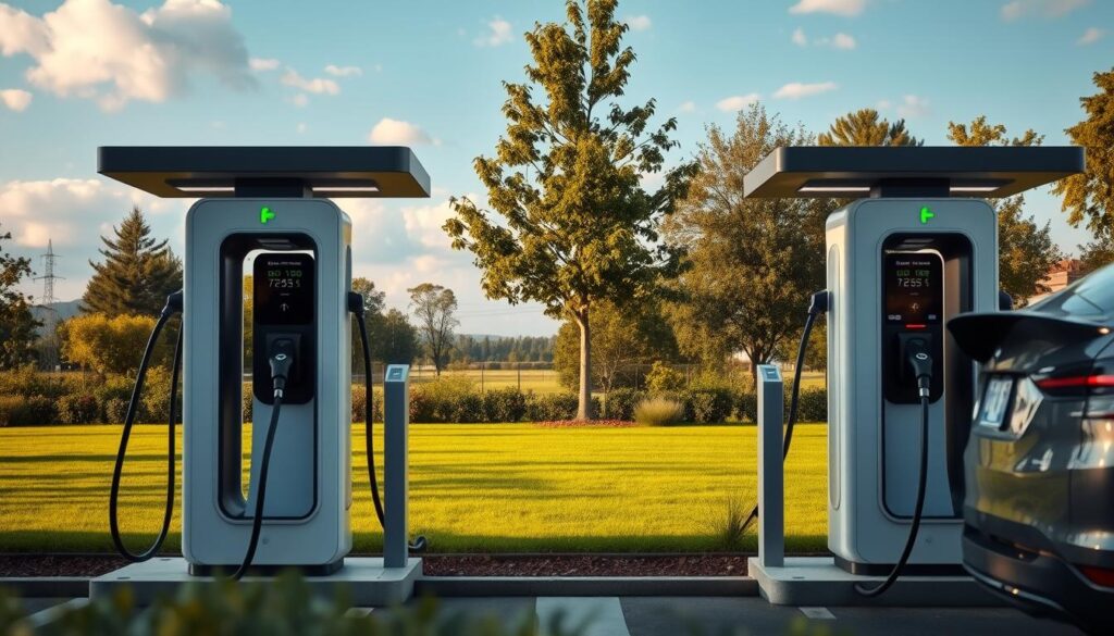 A modern, well-lit electric vehicle charging station nestled in a tranquil, suburban setting. The station features multiple charging ports for both standard and fast charging, catering to a range of electric car models. The foreground showcases sleek, futuristic chargers with intuitive interfaces, while the background depicts lush greenery and a serene, cloudless sky. The overall atmosphere exudes a sense of convenience, sustainability, and environmental harmony, reflecting the seamless integration of electric mobility into daily life. A modern, well-lit electric vehicle charging station nestled in a tranquil, suburban setting. The station features multiple charging ports for both standard and fast charging, catering to a range of electric car models. The foreground showcases sleek, futuristic chargers with intuitive interfaces, while the background depicts lush greenery and a serene, cloudless sky. The overall atmosphere exudes a sense of convenience, sustainability, and environmental harmony, reflecting the seamless integration of electric mobility into daily life.