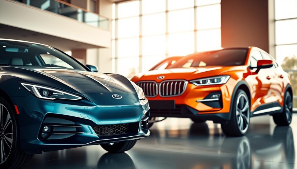 A modern, well-lit showroom displaying two distinct car models, each meticulously detailed. The foreground features the front view of a sleek, sporty sedan in a bold, vibrant color, its curves and lines accentuated by strategic lighting. In the middle ground, a larger, family-oriented SUV stands in a complementary, more subdued hue, showcasing its spacious interior and advanced safety features. The background subtly blends modern architectural elements, creating a sense of sophistication and an air of thoughtful decision-making. The overall scene conveys a harmonious balance between form, function, and the buyer's future needs, inviting the viewer to carefully consider their car-buying preferences. A modern, well-lit showroom displaying two distinct car models, each meticulously detailed. The foreground features the front view of a sleek, sporty sedan in a bold, vibrant color, its curves and lines accentuated by strategic lighting. In the middle ground, a larger, family-oriented SUV stands in a complementary, more subdued hue, showcasing its spacious interior and advanced safety features. The background subtly blends modern architectural elements, creating a sense of sophistication and an air of thoughtful decision-making. The overall scene conveys a harmonious balance between form, function, and the buyer's future needs, inviting the viewer to carefully consider their car-buying preferences.