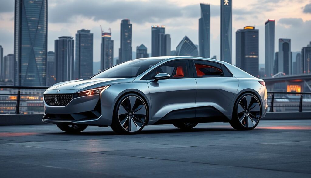 A sleek, futuristic sedan emerges, the embodiment of Peugeot's 2025 design innovations. Smooth, aerodynamic lines glide across the body, accentuated by a striking grille and angular headlights that radiate a bold, confident presence. The cabin features an integrated, seamless dashboard with a expansive digital display, blending form and function. Ambient lighting casts a warm, futuristic glow, complementing the vehicle's advanced driver-assistance systems and intuitive controls. In the background, a cityscape of towering skyscrapers and gleaming infrastructure sets the stage for this technological marvel, a testament to Peugeot's commitment to pushing the boundaries of automotive design and technology. A sleek, futuristic sedan emerges, the embodiment of Peugeot's 2025 design innovations. Smooth, aerodynamic lines glide across the body, accentuated by a striking grille and angular headlights that radiate a bold, confident presence. The cabin features an integrated, seamless dashboard with a expansive digital display, blending form and function. Ambient lighting casts a warm, futuristic glow, complementing the vehicle's advanced driver-assistance systems and intuitive controls. In the background, a cityscape of towering skyscrapers and gleaming infrastructure sets the stage for this technological marvel, a testament to Peugeot's commitment to pushing the boundaries of automotive design and technology.