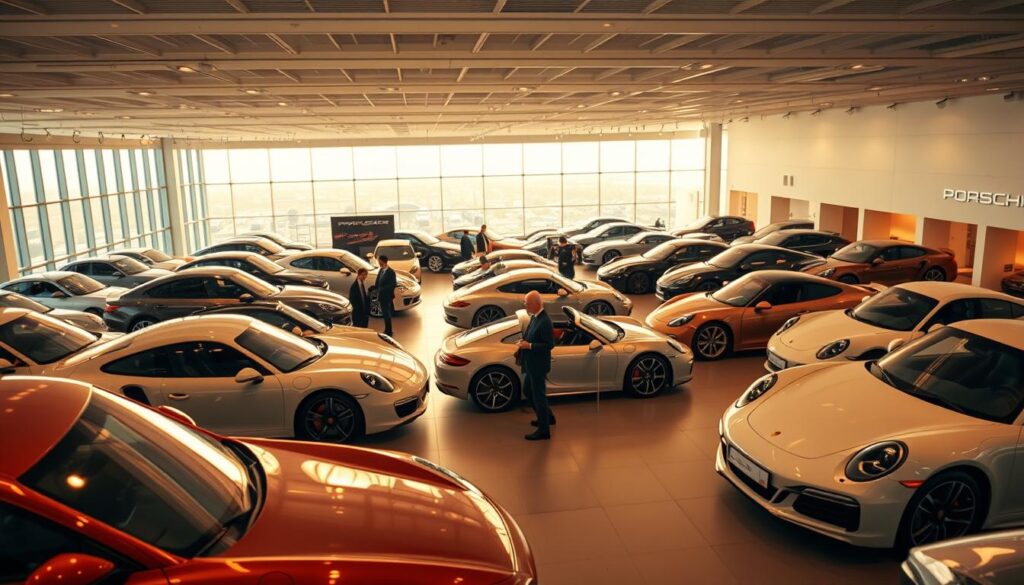 A sprawling car showroom in Saudi Arabia, bathed in warm, diffused lighting. Various luxury sedans and sports cars are neatly arranged, their sleek silhouettes and gleaming exteriors inviting closer inspection. The foreground features a lineup of Porsche models, their distinctive shapes and elegant design cues on full display. In the middle ground, prospective buyers examine and compare the vehicles, noting the unique features and performance characteristics of each model. The background showcases the dealership's modern, high-ceilinged interior, with large windows offering a glimpse of the bustling cityscape outside. The overall scene conveys a sense of sophistication, exclusivity, and the thrill of discovering the perfect car to suit one's driving preferences and budget.