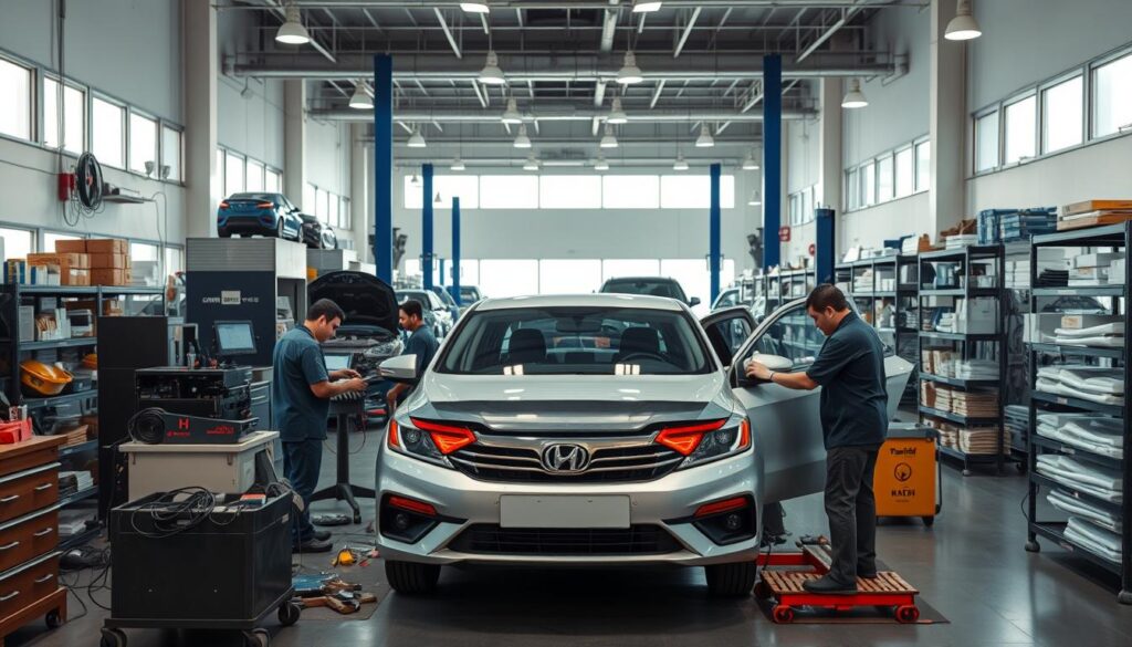 A well-equipped automotive repair workshop in Riyadh, Saudi Arabia. In the foreground, skilled mechanics work diligently on a Chinese-made sedan, surrounded by a variety of tools and diagnostic equipment. The middle ground features rows of shelves stocked with genuine spare parts and accessories. The background showcases the workshop's modern, well-lit interior with high ceilings, large windows allowing natural light to flow in, and a clean, organized workspace. The atmosphere conveys a sense of professionalism, efficiency, and a commitment to providing high-quality maintenance and repair services for Chinese vehicles in the Kingdom.