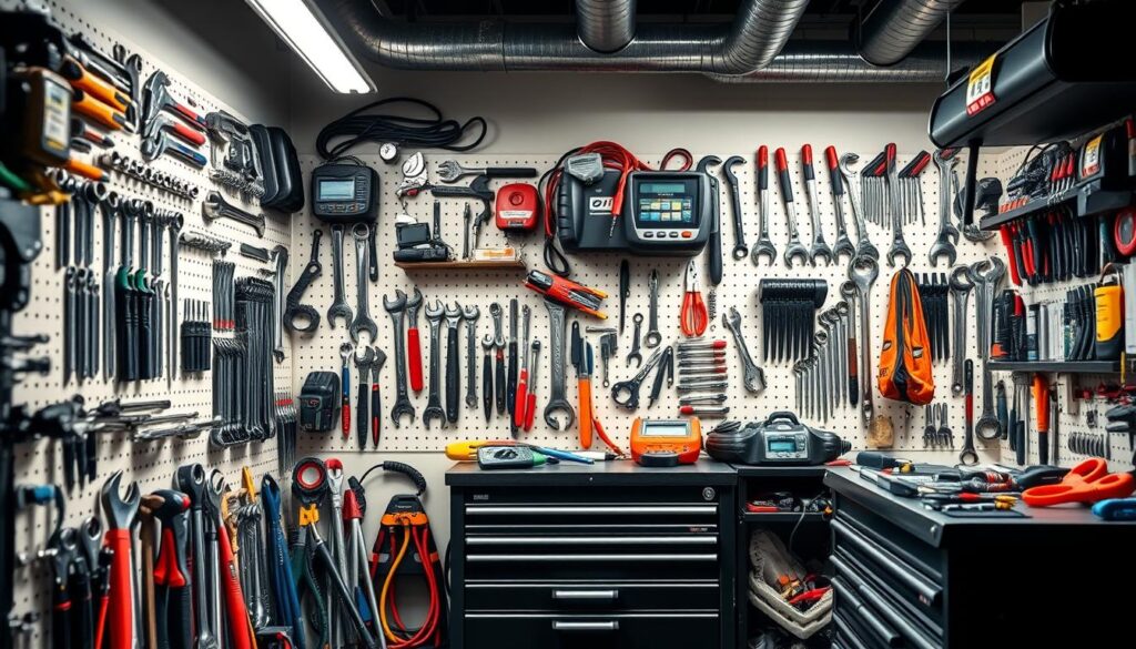 A well-lit workshop filled with a comprehensive assortment of automotive mechanic tools, including wrenches, sockets, screwdrivers, pliers, and diagnostic equipment such as multimeters and OBD scanners. The tools are neatly organized on pegboards and tool chests, creating a visually appealing and efficient workspace. The image captures the essential tools required for a beginner to undertake basic vehicle maintenance and repairs, showcasing the fundamental steps of automotive mechanics.