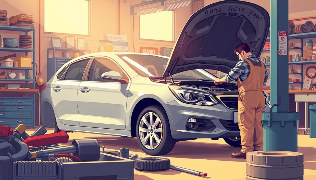 a detailed illustration of a car undergoing maintenance in a professional auto repair shop, set in a warm, well-lit environment. The scene features a mechanic in overalls working on the car's engine, with various tools and parts visible in the foreground. The middle ground showcases the car's interior, with the bonnet open to reveal the engine bay. The background depicts the shop's interior, with shelves of auto parts and tools, as well as a workbench and other equipment. The lighting is soft and natural, casting a gentle glow over the scene, evoking a sense of care and attention to detail in the maintenance process. The overall atmosphere is one of a well-organized, efficient, and professional auto repair shop.