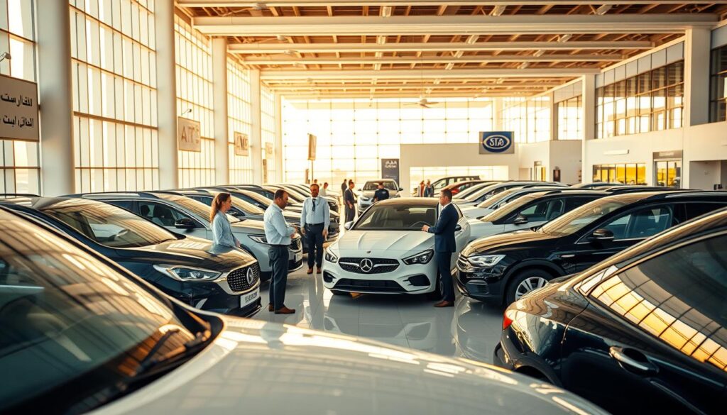 A bustling Saudi Arabian car showroom, bathed in warm, natural lighting from large windows. The foreground showcases the latest models, gleaming and meticulously displayed, inviting visitors to explore their advanced features. In the middle ground, knowledgeable sales representatives engage with interested customers, discussing the vehicles' capabilities. The background reveals an expansive showroom floor, lined with various makes and models, catering to diverse automotive preferences. The atmosphere exudes a sense of professionalism, innovation, and a commitment to providing an exceptional car-buying experience. A bustling Saudi Arabian car showroom, bathed in warm, natural lighting from large windows. The foreground showcases the latest models, gleaming and meticulously displayed, inviting visitors to explore their advanced features. In the middle ground, knowledgeable sales representatives engage with interested customers, discussing the vehicles' capabilities. The background reveals an expansive showroom floor, lined with various makes and models, catering to diverse automotive preferences. The atmosphere exudes a sense of professionalism, innovation, and a commitment to providing an exceptional car-buying experience.