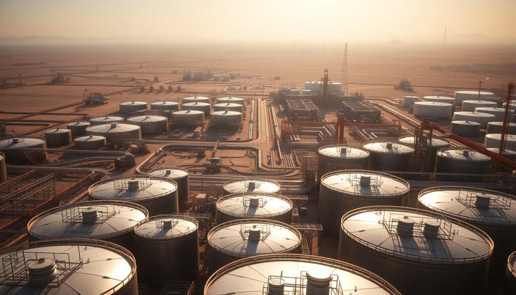 A bustling Saudi oil market, bathed in warm afternoon sunlight. In the foreground, rows of oil tankers and storage tanks, their steel surfaces gleaming. In the middle ground, a network of pipelines, valves, and processing facilities, all humming with activity. In the background, a panoramic vista of the desert landscape, dotted with distant oil rigs and the hazy silhouettes of the Riyadh skyline. The scene conveys a sense of scale, efficiency, and the pivotal role Saudi Arabia plays in the global energy market. Cinematically framed, with a wide-angle lens to capture the scope of the industry, and soft, diffused lighting to evoke a sense of importance and grandeur. A bustling Saudi oil market, bathed in warm afternoon sunlight. In the foreground, rows of oil tankers and storage tanks, their steel surfaces gleaming. In the middle ground, a network of pipelines, valves, and processing facilities, all humming with activity. In the background, a panoramic vista of the desert landscape, dotted with distant oil rigs and the hazy silhouettes of the Riyadh skyline. The scene conveys a sense of scale, efficiency, and the pivotal role Saudi Arabia plays in the global energy market. Cinematically framed, with a wide-angle lens to capture the scope of the industry, and soft, diffused lighting to evoke a sense of importance and grandeur.