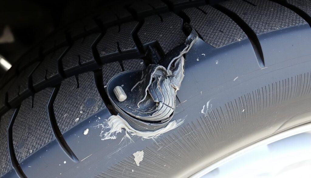 A close-up view of a severely worn and damaged tire on a vehicle, showcasing the impact of neglected tire maintenance. The tread depth is visibly shallow, with visible cracks and uneven wear patterns. The tire's sidewall is discolored and showing signs of weathering. The image is captured in a well-lit setting, using a high-resolution lens to highlight the intricate details of the tire's deterioration. The overall atmosphere conveys a sense of concern and the need for immediate attention to this critical safety issue. A close-up view of a severely worn and damaged tire on a vehicle, showcasing the impact of neglected tire maintenance. The tread depth is visibly shallow, with visible cracks and uneven wear patterns. The tire's sidewall is discolored and showing signs of weathering. The image is captured in a well-lit setting, using a high-resolution lens to highlight the intricate details of the tire's deterioration. The overall atmosphere conveys a sense of concern and the need for immediate attention to this critical safety issue.