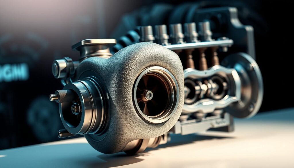 A detailed cross-section of a turbocharger engine component, showcasing its intricate inner workings. The turbocharger is depicted in the foreground, capturing the turbine wheel, compressor wheel, and housing in vivid detail. The middle ground reveals the engine block, with a cutaway view exposing the cylinders and pistons. The background features a subtly blurred, technical illustration-style environment, emphasizing the engineering and mechanical nature of the subject. The lighting is crisp and directional, casting subtle shadows and highlights to accentuate the turbocharger's intricate features. The overall mood is one of technical precision and mechanical sophistication.