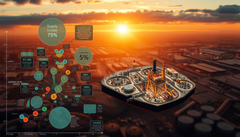 A detailed, data-driven illustration of the key factors influencing global oil prices. In the foreground, a scatter plot of supply, demand, and geopolitical tensions, with interactive data visualizations. In the middle ground, a cutaway diagram showcasing the intricate mechanisms of oil production, refining, and distribution. In the background, an abstract landscape of energy infrastructure, pipelines, and storage facilities, bathed in a warm, authoritative lighting. Rendered with a high level of technical accuracy and artistic refinement to create an impactful, educational visual that captures the complex dynamics shaping the international oil market. A detailed, data-driven illustration of the key factors influencing global oil prices. In the foreground, a scatter plot of supply, demand, and geopolitical tensions, with interactive data visualizations. In the middle ground, a cutaway diagram showcasing the intricate mechanisms of oil production, refining, and distribution. In the background, an abstract landscape of energy infrastructure, pipelines, and storage facilities, bathed in a warm, authoritative lighting. Rendered with a high level of technical accuracy and artistic refinement to create an impactful, educational visual that captures the complex dynamics shaping the international oil market.