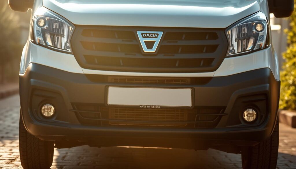 A detailed, high-quality close-up shot of the front view of a Dacia Dokker van, showcasing its distinctive grille, headlights, and bumper design. The lighting is soft and diffused, creating a warm, inviting atmosphere. The angle emphasizes the vehicle's strong, sturdy stance, conveying a sense of reliability and practicality. The background is subtly blurred, keeping the focus on the Dokker's clean, modern styling. The image captures the essence of this family-oriented, dependable automobile, reflecting its suitability for the Moroccan market. A detailed, high-quality close-up shot of the front view of a Dacia Dokker van, showcasing its distinctive grille, headlights, and bumper design. The lighting is soft and diffused, creating a warm, inviting atmosphere. The angle emphasizes the vehicle's strong, sturdy stance, conveying a sense of reliability and practicality. The background is subtly blurred, keeping the focus on the Dokker's clean, modern styling. The image captures the essence of this family-oriented, dependable automobile, reflecting its suitability for the Moroccan market.