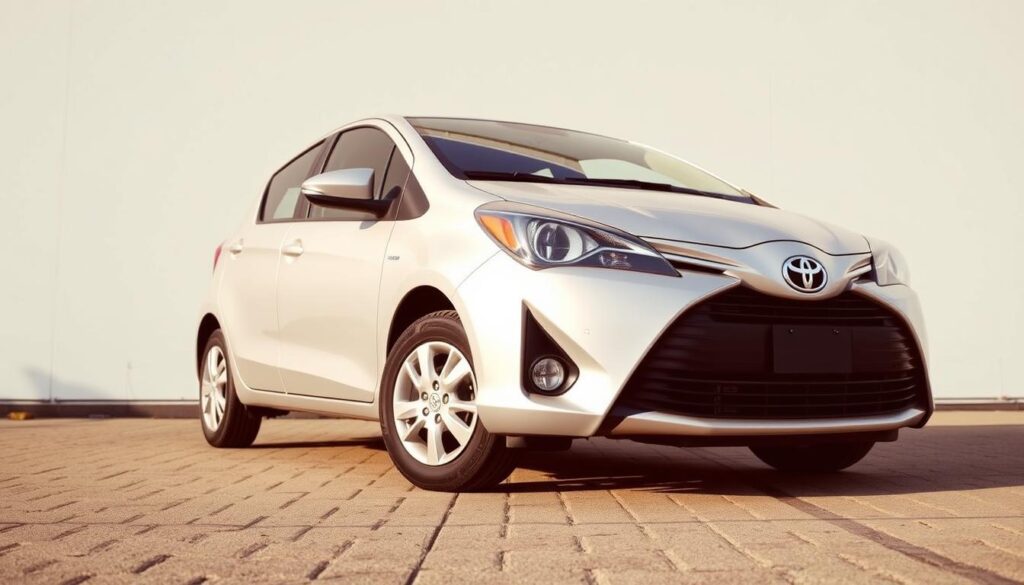 A detailed, high-resolution photograph of a Toyota Yaris hatchback vehicle, shot from a slightly elevated angle to showcase the front three-quarter view. The car is parked on a clean, paved surface, with a plain, uncluttered background that allows the vehicle to be the focal point. The lighting is natural and evenly distributed, creating a warm, inviting atmosphere. The Yaris is presented in a neutral exterior color, such as silver or white, to highlight the clean, modern lines of the design. The wheels, trim, and other details are clearly visible, showcasing the vehicle's overall quality and attention to detail. The image conveys a sense of practicality, reliability, and everyday functionality that is characteristic of the Toyota Yaris. A detailed, high-resolution photograph of a Toyota Yaris hatchback vehicle, shot from a slightly elevated angle to showcase the front three-quarter view. The car is parked on a clean, paved surface, with a plain, uncluttered background that allows the vehicle to be the focal point. The lighting is natural and evenly distributed, creating a warm, inviting atmosphere. The Yaris is presented in a neutral exterior color, such as silver or white, to highlight the clean, modern lines of the design. The wheels, trim, and other details are clearly visible, showcasing the vehicle's overall quality and attention to detail. The image conveys a sense of practicality, reliability, and everyday functionality that is characteristic of the Toyota Yaris.