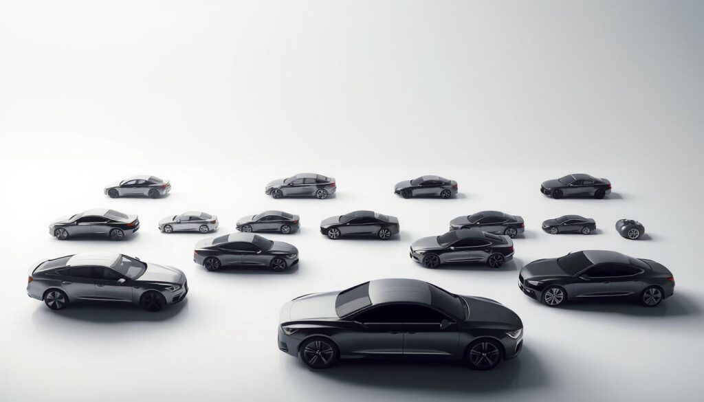 A detailed, meticulously rendered visual depicting the actual fuel consumption rate of various automobiles. Set against a clean, minimalist background, the scene showcases a collection of modern, sleek car silhouettes arranged in a grid formation. Each silhouette is accompanied by a precise numerical value representing the real-world fuel efficiency for that particular vehicle make and model. The lighting is soft and even, creating a sense of clarity and technical precision. The overall composition conveys a data-driven, analytical tone suitable for an informative article on actual vehicle fuel consumption rates across different automotive brands.